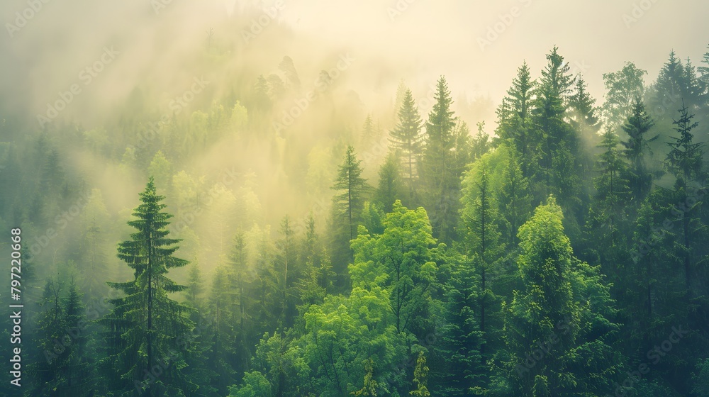 A misty forest scene with tall trees and dense foliage, evoking the tranquility of nature's beauty. For Design, Background, Cover, Poster, Banner, PPT, KV design, Wallpaper A misty forest scene with tall trees and dense foliage, evoking the tranquility of nature's beauty. For Design, Background, Cover, Poster, Banner, PPT, KV design, Wallpaper