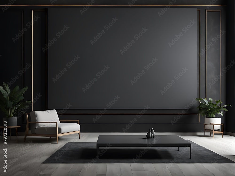 Large empty screen in a living room interior on an empty dark wall background design,3D rendering Large empty screen in a living room interior on an empty dark wall background design,3D rendering