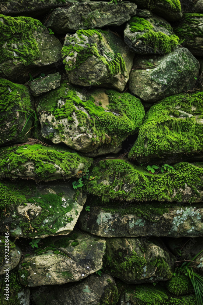 Moss-covered surface of stones or rocks in natural settings like forests or gardens. Mossy stone textures offer a tranquil and organic backdrop Moss-covered surface of stones or rocks in natural settings like forests or gardens. Mossy stone textures offer a tranquil and organic backdrop