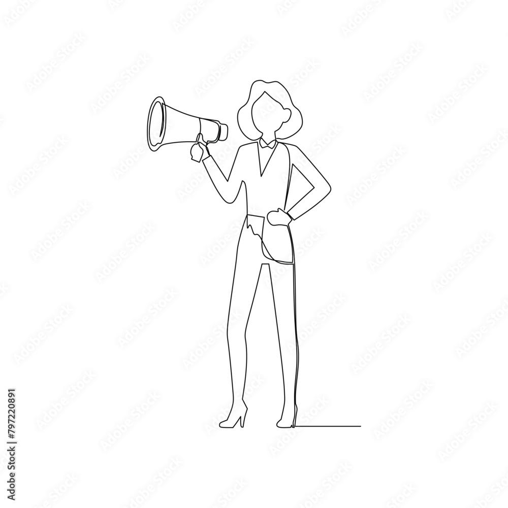 Fototapeta premium continuous line drawing of a businesswoman with megaphone to Communicate message, announce job vacancy for hiring, shouting promotion or company communication,