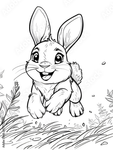 Cartoon rabbit jumping among plants in black and white art