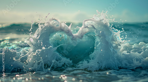 A romantic heart-shaped wave in the light blue sea, symbolizing love and tranquility. Perfect for Valentine's Day or travel and vacation concepts. © ELmidoi-AI