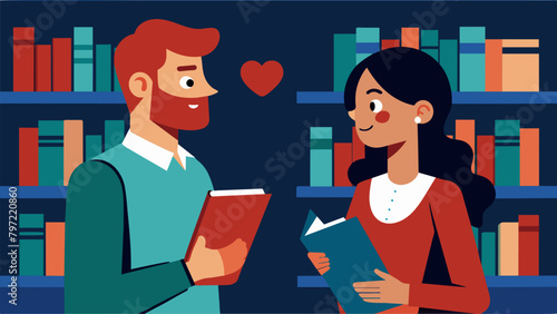 An unlikely pair of strangers strike up a conversation in the library united by their shared love for an obscure genre of literature.. Vector illustration