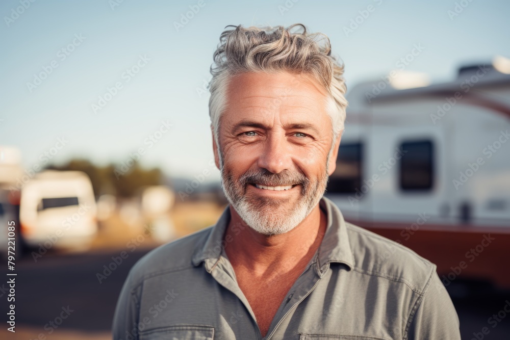 A Serene Close-Up Portrait of a Smiling Traveler with the Bustling Life of an RV Park Unfolding in the Softly Blurred Background A Serene Close-Up Portrait of a Smiling Traveler with the Bustling Life of an RV Park Unfolding in the Softly Blurred Background