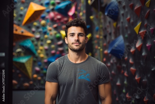 A Determined Climber's Close-Up Portrait with a Colorful Tapestry of Climbing Holds and Ropes in the Background at a Bustling Indoor Gym