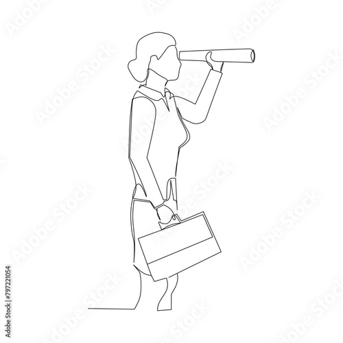 Businesswoman with briefcase and telescope. Strategic in looking for opportunity in business concept. Continuous line drawing. Vector illustration design.