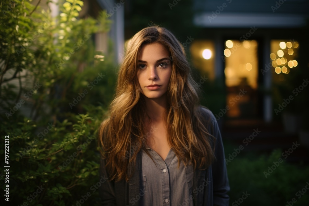 A Serene Portrait of a Young Woman Embracing the Tranquility of Her Lush Suburban Backyard Oasis at Dusk A Serene Portrait of a Young Woman Embracing the Tranquility of Her Lush Suburban Backyard Oasis at Dusk