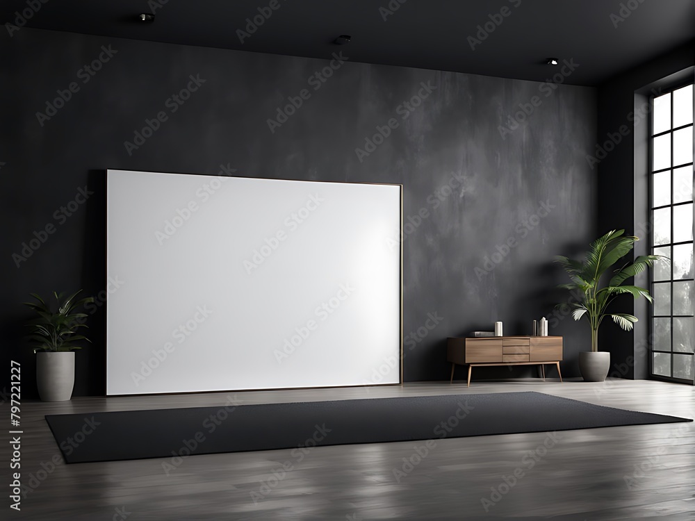 Large empty screen in a living room interior on an empty dark wall background design,3D rendering Large empty screen in a living room interior on an empty dark wall background design,3D rendering