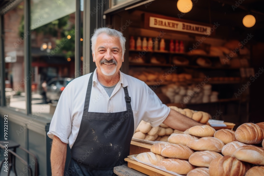 A Warm Smile Radiates from the Local Baker Standing Proudly in Front of His Quaint Neighborhood Bakery Adorned with Freshly Baked Bread and Pastries on Display