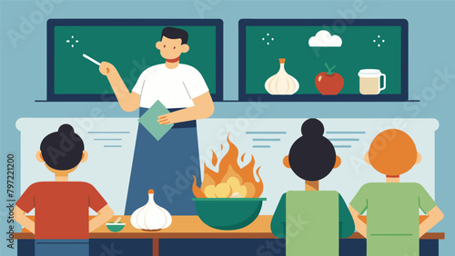 The classroom is filled with the aroma of garlic and onions as the instructor teaches the class how to make a savory and hearty pot of jambalaya.. Vector illustration