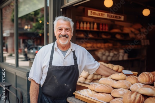 A Warm Smile Radiates from the Local Baker Standing Proudly in Front of His Quaint Neighborhood Bakery Adorned with Freshly Baked Bread and Pastries on Display