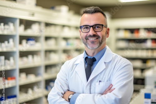 A Smiling Pharmacist in a White Coat Standing Proudly in Front of the Local Community Pharmacy with Shelves of Medicines in the Background