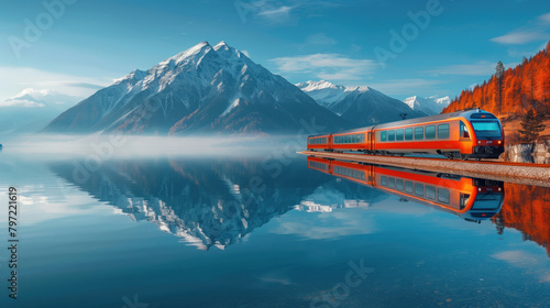 A train is traveling through a beautiful mountain landscape with a calm lake in the background. The train is surrounded by trees and mountains