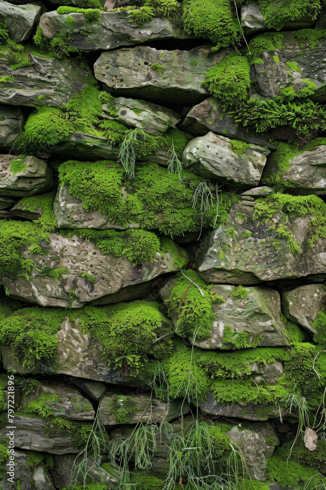 Moss-covered surface of stones or rocks in natural settings like forests or gardens. Mossy stone textures offer a tranquil and organic backdrop