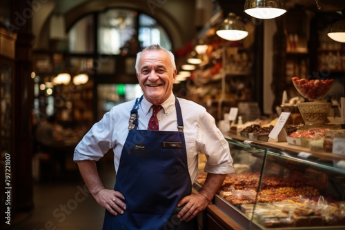A Smiling Gourmet Enthusiast Standing Proudly Before the Bustling Entrance of an Old-Fashioned Delicatessen Laden with Culinary Delights