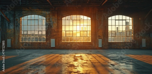 Sunset light streaming through large arched windows in an empty industrial loft with brick walls and a glossy floor. photo