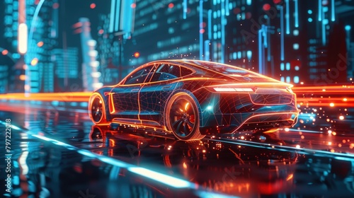 3D rendering of an electric car with data lines. Generate AI image