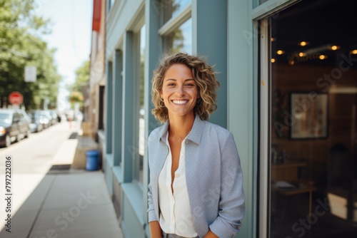 Free Download A Smiling Entrepreneur Proudly Standing in Front of Their Newly Opened Boutique Retail Store on a Sunny Afternoon - GFXLoad
