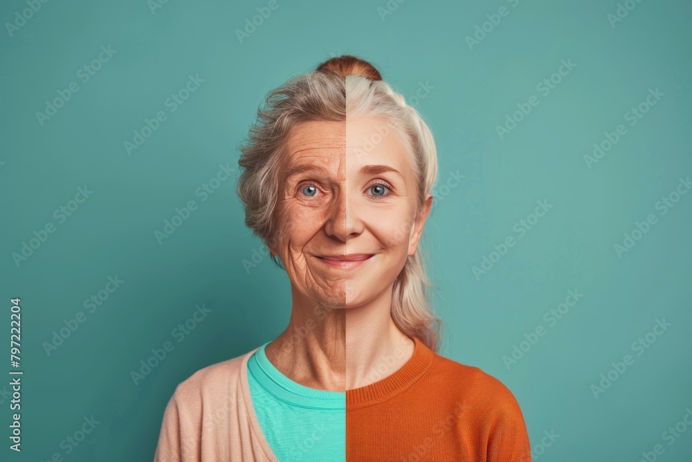 Facial aging in generational dynamics uses mature skin care to highlight the features of aging contrasts, skin firmness, and age contrast in split portraits. Facial aging in generational dynamics uses mature skin care to highlight the features of aging contrasts, skin firmness, and age contrast in split portraits.