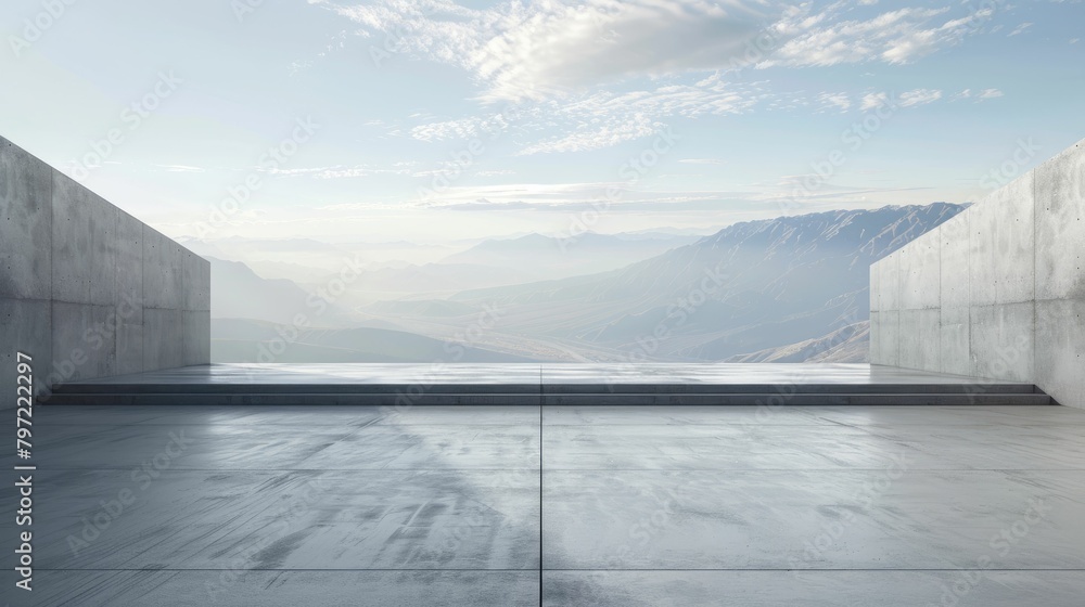 Modern architectural design featuring a concrete platform overlooking a vast mountain range under a clear sky.