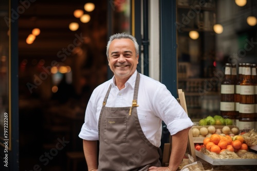 A Smiling Culinary Enthusiast Standing Proudly Before the Quaint Facade of a Gourmet Specialty Food Emporium, Basking in the Aroma of Fine Ingredients