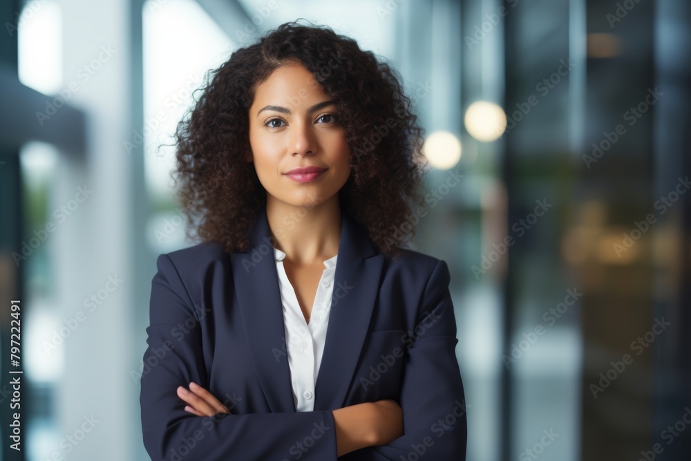 Naklejka premium Confident Businesswoman Standing with Poise and Assurance Before Entering a High-Stakes Corporate Boardroom Meeting