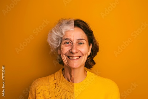 Lifes visible aging and skin revitalization depicted through emotional aging cycles, emphasizing collagen boost and aging process continuity in visual metaphors.