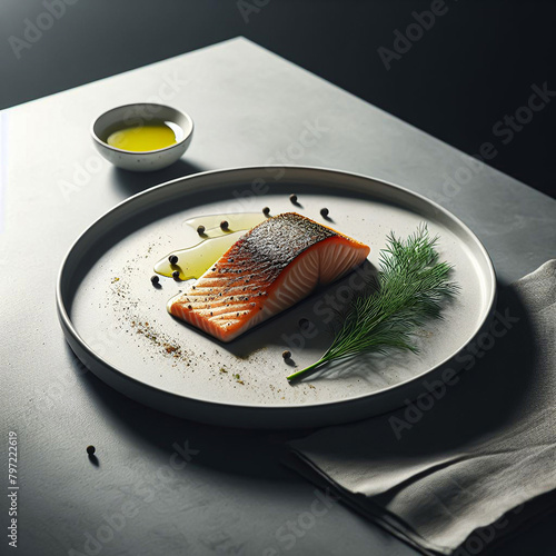 Gourmet Grilled Salmon on a Modern Plate (ID: 797222619)