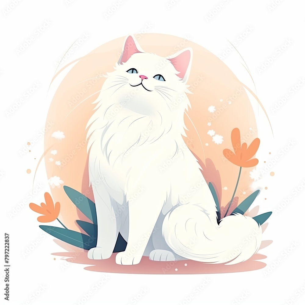 flat illustration of cute pleasant cat, friendly character, white background 