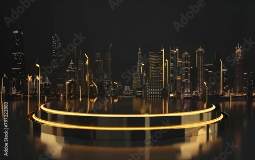 Futuristic city skyline at night with illuminated circular platform in the foreground and modern skyscrapers in the background.