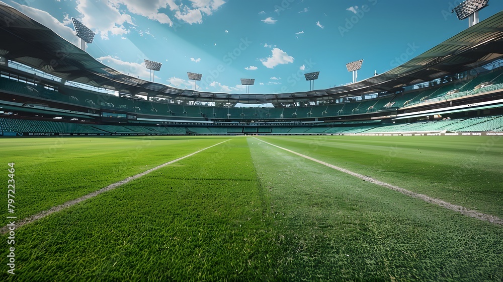 The interior view of an empty cricket stadium, with green grass and blue sky The interior view of an empty cricket stadium, with green grass and blue sky