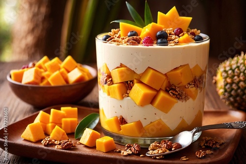 Tropical mango and pineapple fruit parfait, fancy ice cream yoghurt dessert photo