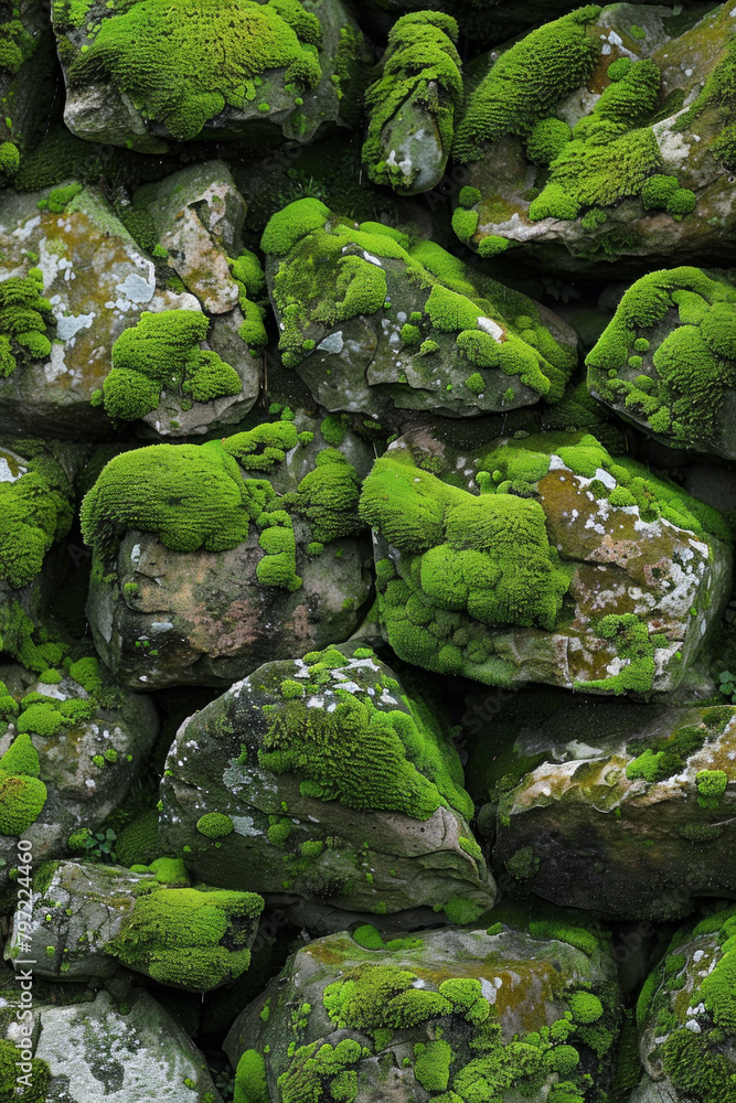 Moss-covered surface of stones or rocks in natural settings like forests or gardens. Mossy stone textures offer a tranquil and organic backdrop Moss-covered surface of stones or rocks in natural settings like forests or gardens. Mossy stone textures offer a tranquil and organic backdrop