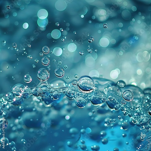Image of blue air bubbles, aquatic environment, gently emerging from the bottom to the surface. The blue of the water filters the sunlight, creating a soft, ethereal glow. Fascinating, almost magical.