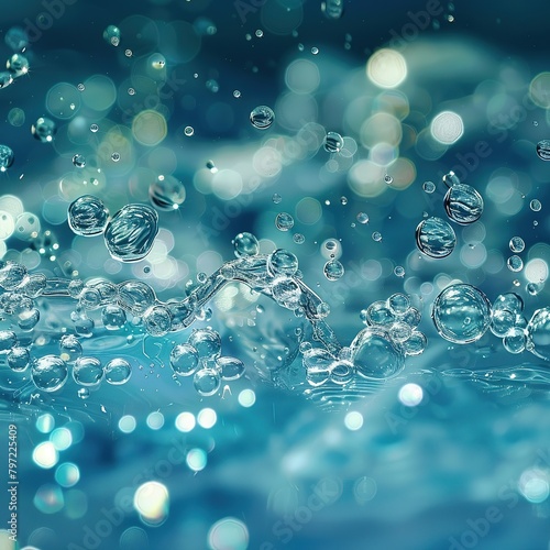 Image of blue air bubbles, aquatic environment, gently emerging from the bottom to the surface. The blue of the water filters the sunlight, creating a soft, ethereal glow. Fascinating, almost magical.