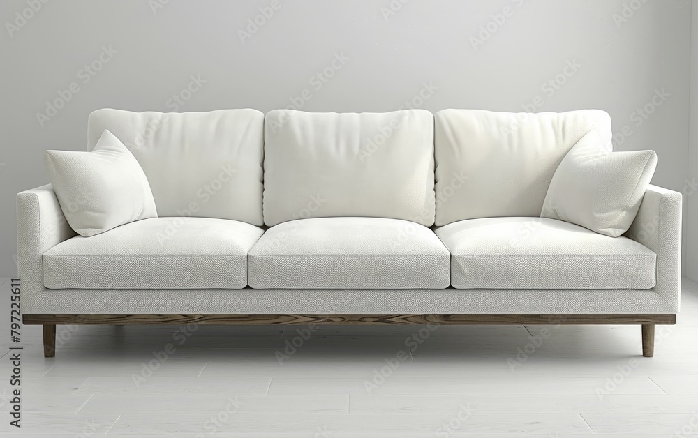 Modern white sofa with soft cushions on a wooden base against a gray background Modern white sofa with soft cushions on a wooden base against a gray background