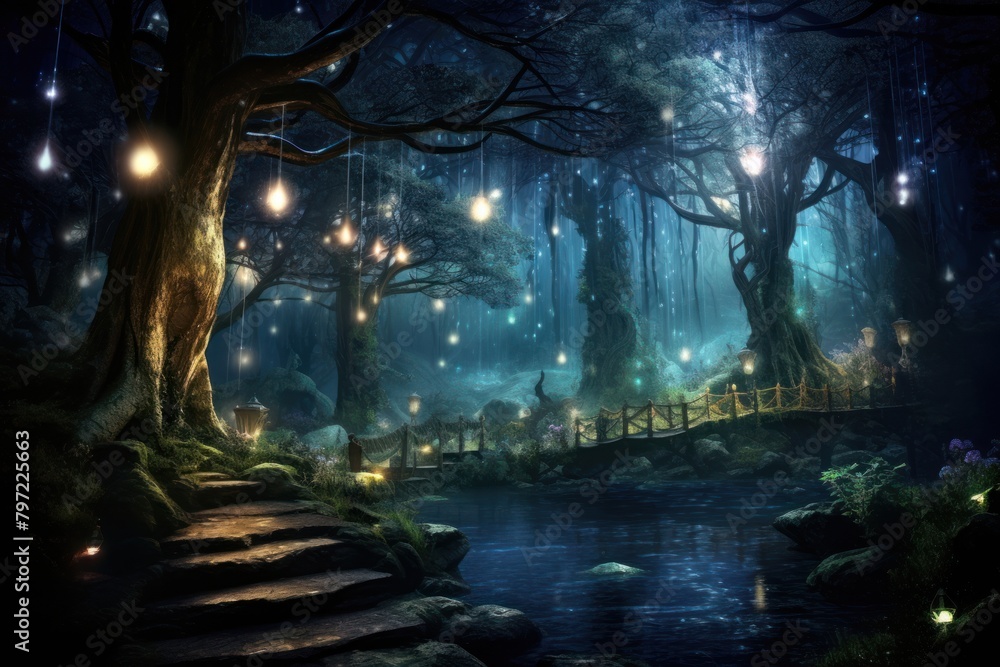 Magical forest night outdoors woodland.