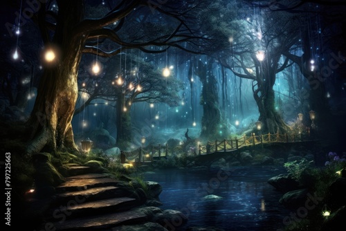 Magical forest night outdoors woodland.