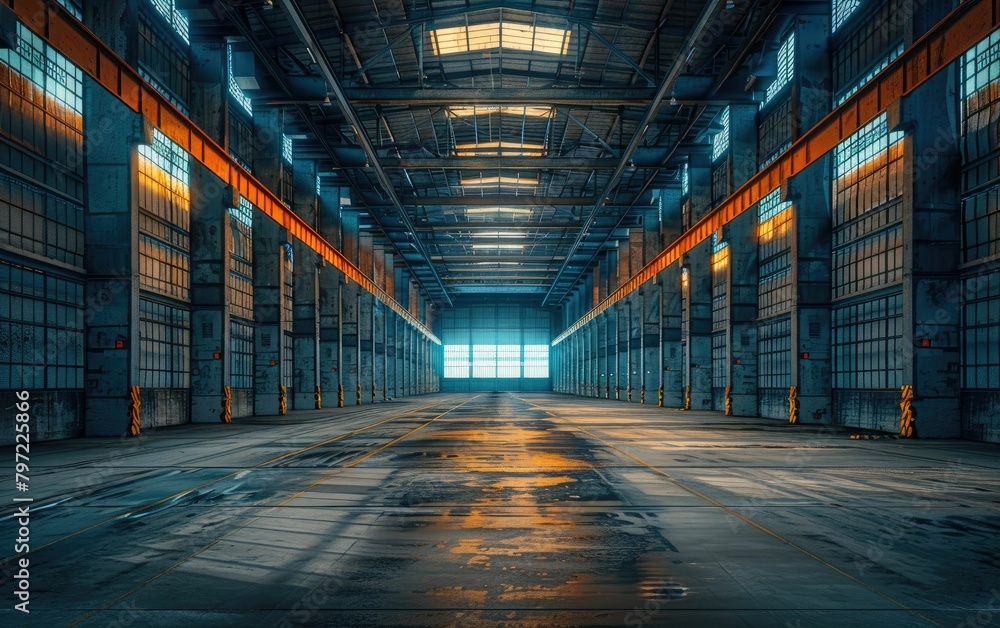 Symmetrical view of a large, empty industrial warehouse with high ceilings, large windows, and reflective floor. Symmetrical view of a large, empty industrial warehouse with high ceilings, large windows, and reflective floor.