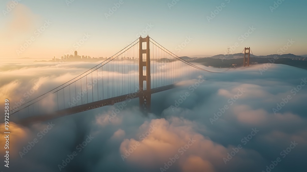 Obraz premium The Bridge, captured from above with misty waters below and clear skies overhead. The scene is a serene blend of iconic architecture and natural beauty