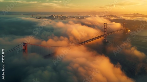 The Bridge  captured from above with misty waters below and clear skies overhead. The scene is a serene blend of iconic architecture and natural beauty