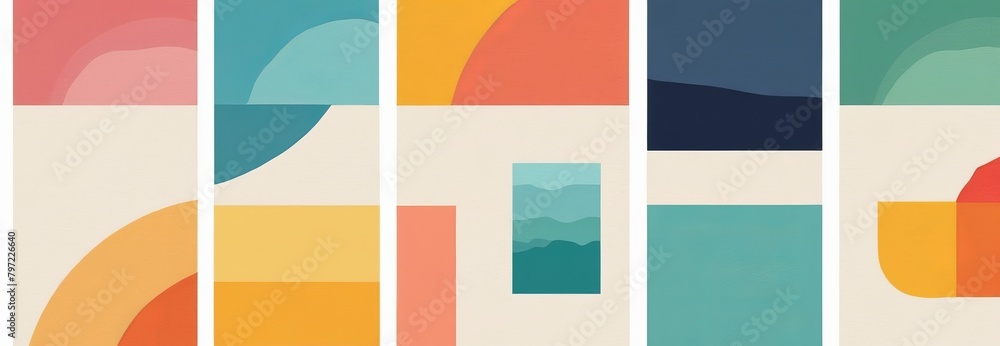 Colorful Watercolor Paper Texture Background with Pastel colors, Abstract Shapes, and Modern Art Illustration, wide panoramic banner, retro vintage style