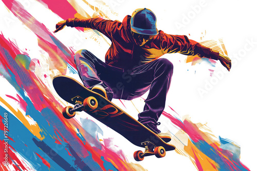 Poster of epic skateboard freestyle in minimalist abstract multicolour illustration. photo