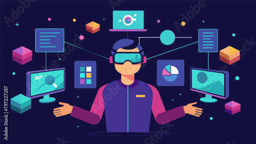 A virtual reality setting with various floating screens and displays all controlled by the users thoughts through the neural interface..