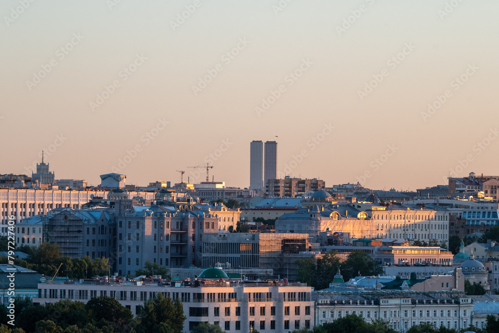 View of residential and office buildings in the center of the Russian capital in the early summer morning.