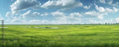 View of a wide green meadow with a clear sky in the background