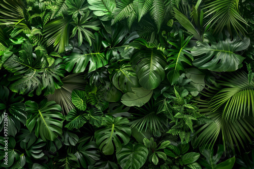 The lush and dense texture of rainforest foliage showcases the vibrant greens and intricate patterns. 