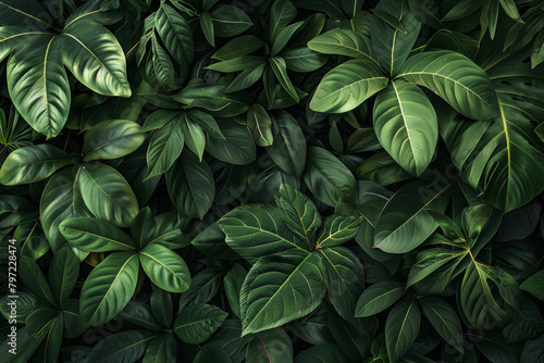 The lush and dense texture of rainforest foliage showcases the vibrant greens and intricate patterns.  © grey