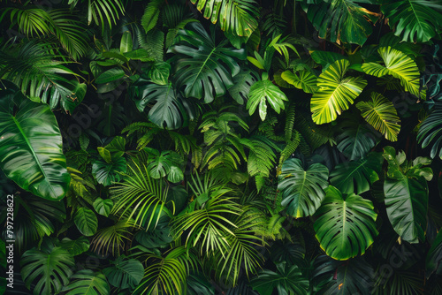 The lush and dense texture of rainforest foliage showcases the vibrant greens and intricate patterns. 