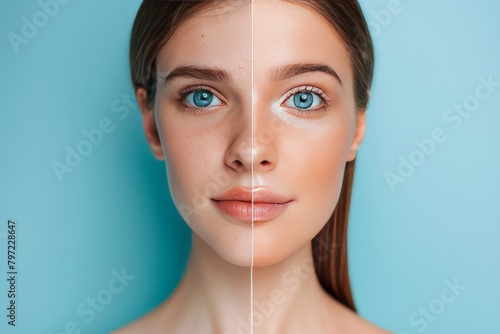 Part age portraits in composition comparison settings merge face and aging defiance, highlighting acne and makeup impacts in young generational divides.